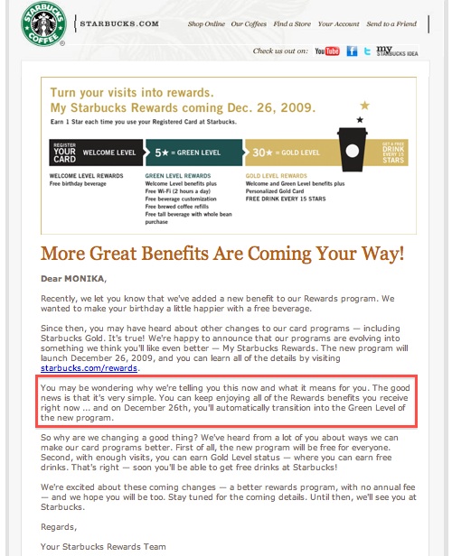 Email received from Starbucks