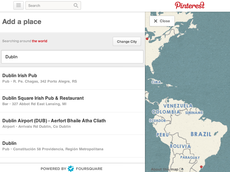 Pinterest map search of Dublin on Foursquare 