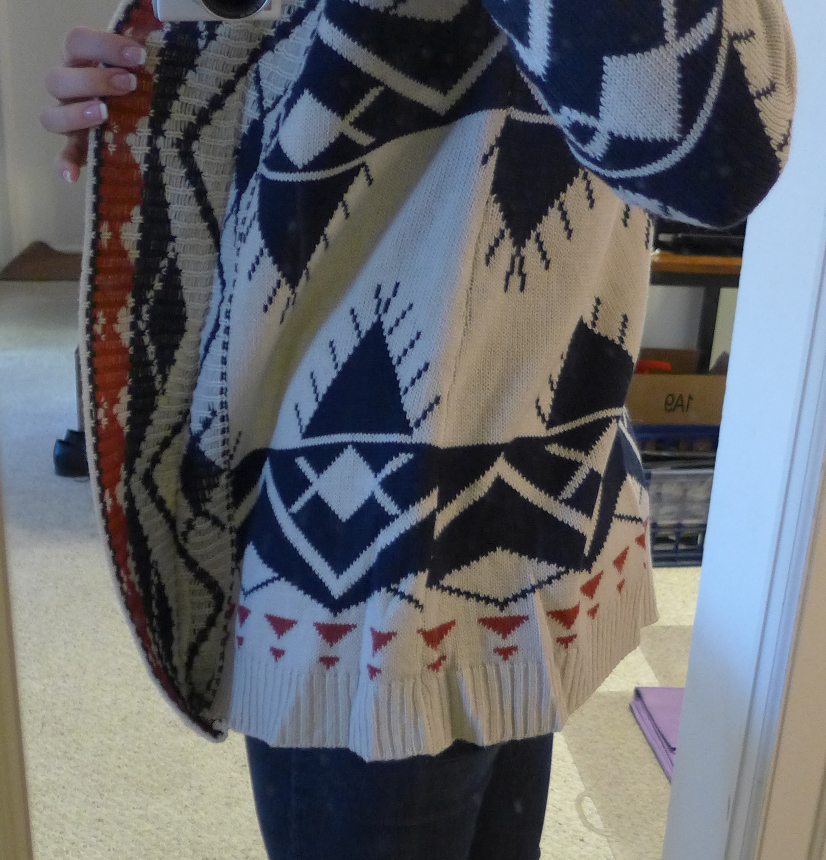 Fate Garvey Tribal Print Open Front Cardigan - Monika wearing detailed side view - Stitch Fix