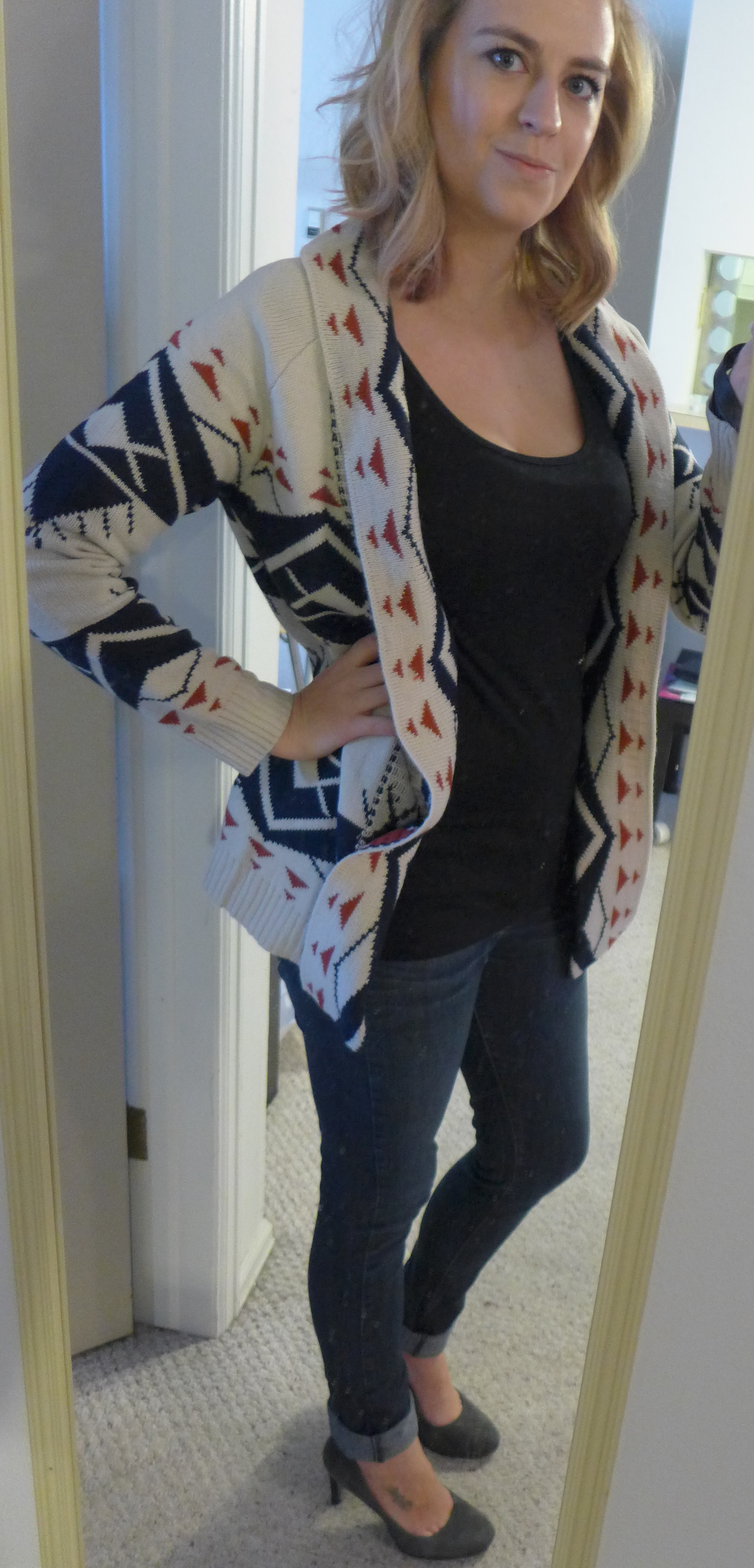 Fate Garvey Tribal Print Open Front Cardigan - Monika wearing front view - Stitch Fix