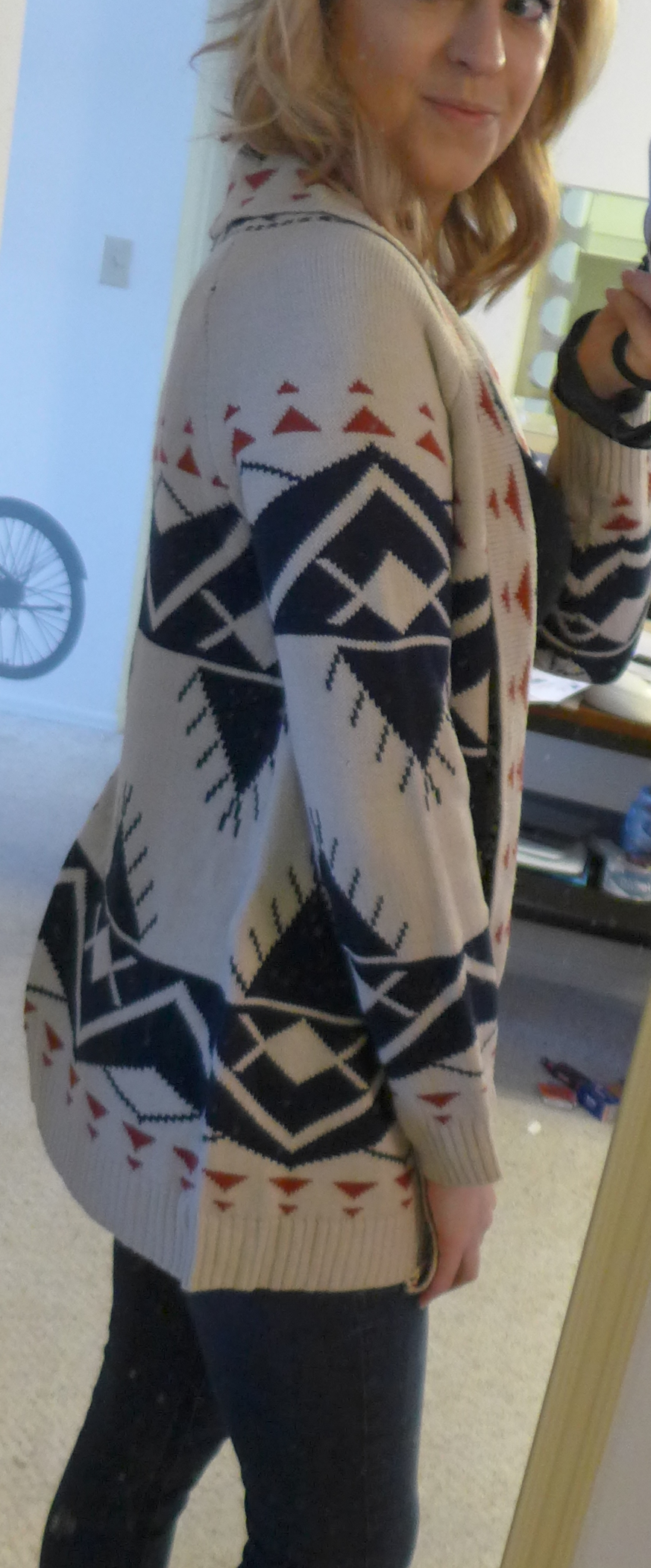 Fate Garvey Tribal Print Open Front Cardigan - Monika wearing side view - Stitch Fix