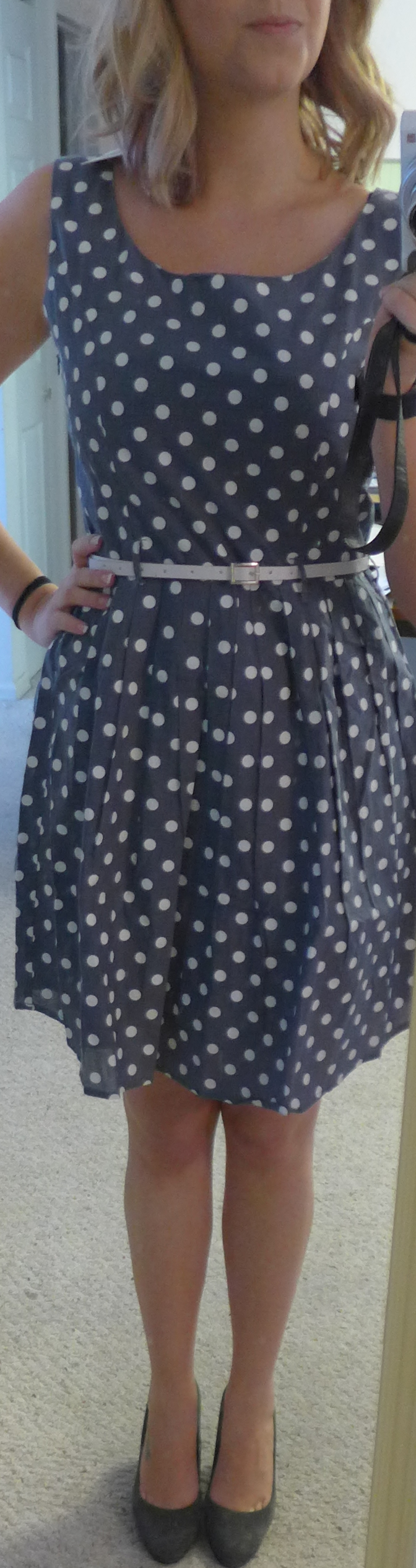 Stitch Fix Yumi Jodie Chambray Dot Pring Fit and Flare Dress - Monika wearing close up front - Stitch Fix