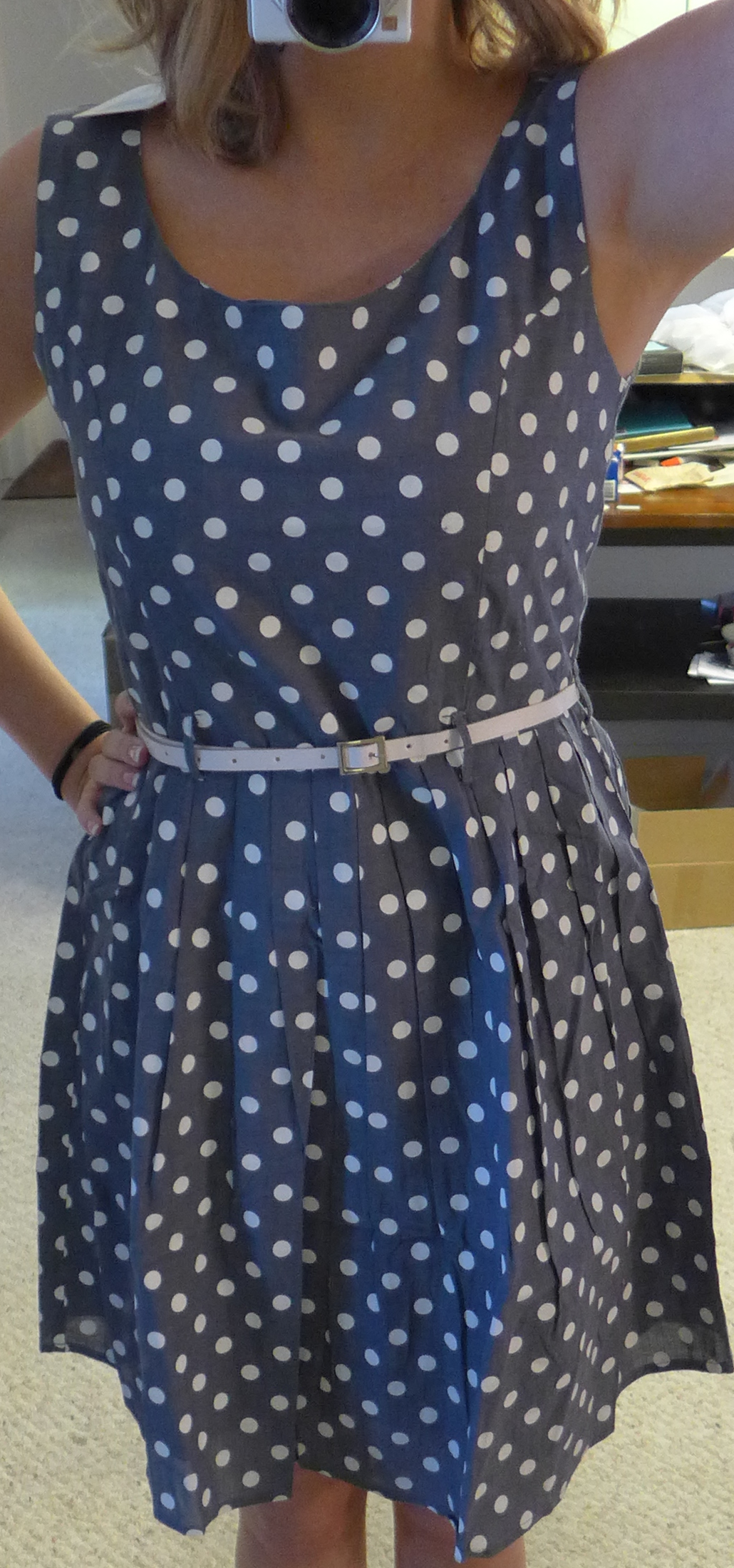 Stitch Fix Yumi Jodie Chambray Dot Pring Fit and Flare Dress - Monika wearing detailed front - Stitch Fix