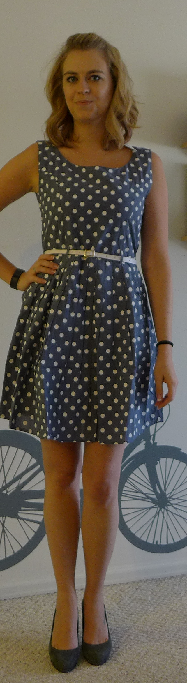 Stitch Fix Yumi Jodie Chambray Dot Pring Fit and Flare Dress - Monika wearing full front - Stitch Fix